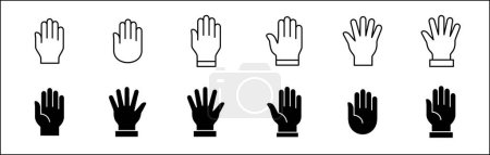 Handzeichensymbole. Hand-Symbol. Sammlung von Handsymbolen. Das Symbol der Hände symbolisiert Teilnahme, Freiwilligkeit, Halt, Abstimmung. Vektorgrafik, flache Design-Illustrationsressource für Benutzeroberfläche und Schaltflächen.