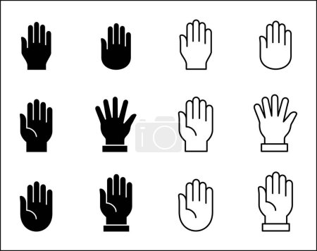 Hand-Symbol. Handzeichensymbole. Sammlung von Handsymbolen. Das Symbol der Hände symbolisiert Teilnahme, Freiwilligkeit, Halt, Abstimmung. Vektorgrafik, flache Design-Illustrationsressource für Benutzeroberfläche und Schaltflächen.