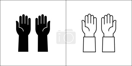 Betende Hand. Zwei Hände, die Zeichen empfangen. Zeige das Symbol nach oben. Vektor Stock Illustration im flachen und umrissenen Design-Stil. Symbol des Gebets, Bitten um Hilfe, Spenden, Betteln.
