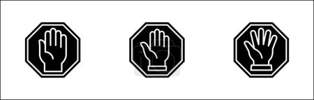 Conjunto de iconos de manos. Señales de parada de mano. Mano de palma dentro del letrero polígono. Levante la señal de mano. Manos símbolo de gesto. Ilustración de diseño gráfico vectorial aislada en fondo blanco.