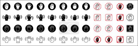Arrêtez l'icône de la main. Agitant des icônes de main. Collecte interdite de pancartes. Symbole de restriction gestuelle. Pas de panneau d'entrée. Modèle de conception graphique vectoriel isolé sur fond blanc.