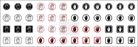 Detener icono de mano. Iconos de mano ondeante. Recolección de señales prohibidas. Mano gesto símbolo de restricción. No hay señales de entrada. Plantilla de diseño gráfico vectorial aislada sobre fondo blanco.