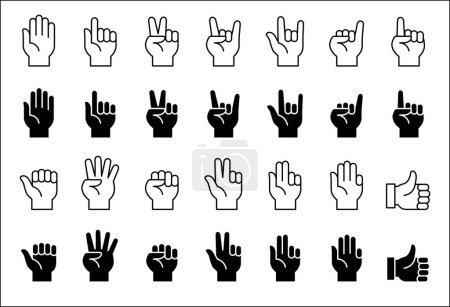 Hands gesture icon set. Hand finger signs set. Hands fingers symbol. included icons as palm, fist, bull, index, pinky, thumb up, counting and peace. Vector stock illustration in flat line style.
