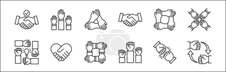 Icono de trabajo en equipo. Cooperar manos icono conjunto. Símbolo de colaboración. Firma del compañero de trabajo. Iconos de hermandad, relación, conexión, asociación. Ilustración aislada vectorial en diseño de estilo de línea