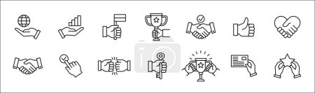 Business icon set. Entrepreneurship icons. Success symbol collection. Included icons of global market, data preserved, achievement, handshake, key of success, goal. Vector isolated on white.