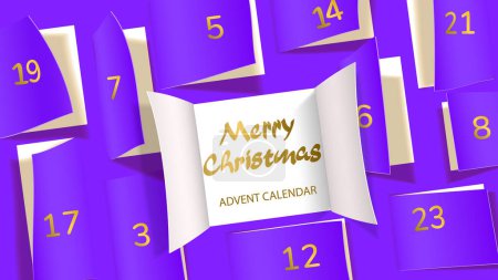 Christmas advent calendar door opening. Realistic an open wide doors with gold lettering on purple background. Template to reveal a message. Merry Christmas poster concept. Festive vector illustration