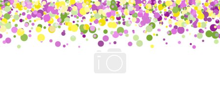 Ilustración de Patrón horizontal sin costuras hermoso amarillo disperso, verde, confeti púrpura sobre fondo blanco. Fiesta del carnaval veneciano del Mardi Gras. Ideal para carteles horizontales, encabezado para el sitio web. Vector - Imagen libre de derechos