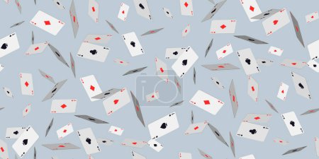 Illustration for Falling playing cards on grey. Seamless pattern with falling playing cards with symbols of diamonds, clubs, hearts and spades. Vector illustration for casino, game design, advertising, ads of parties - Royalty Free Image