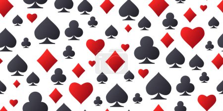 Téléchargez les illustrations : Playing card suit symbols icons. Seamless pattern with falling red, black suits for playing cards on white background. Vector illustration for casino, game design, advertising, ads of parties - en licence libre de droit