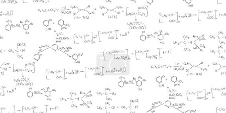 Illustration for Chemistry seamless pattern with handwritten chemical formulas. Polymerization reaction in organic chemistry. Skeletal formula. Molecule atomic connection concept. Vector illustration - Royalty Free Image