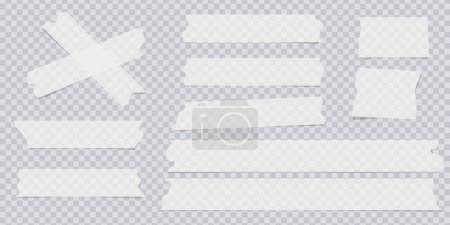 Illustration for Transparent adhesive tape and adhesive sellotape. Sticky tapes with torn edges, adhesives piece of white taped. Sticky scotch, duct paper strips on checkered background. Realistic vector illustration - Royalty Free Image