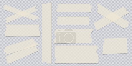 Transparent adhesive tape and adhesive sellotape. Sticky tapes with torn edges, adhesives piece of white taped. Sticky scotch, duct paper strips on checkered background. Realistic vector illustration