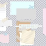 Color sheets of paper, rip pieces with torn adges. Lined note. Notebook paper pieces with sticky tape stuck on transparent. Blank mockup for text for presentation, advertising, website, apps. Vector