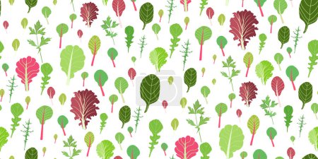 Mischung aus Salatblättern. Cartoon-Set von grünen roten rohen Blättern nahtloses Muster. Rucola, Spinat, Salatblatt, Brunnenkresse. Biologische Vitaminbestandteile für die Zubereitung gesunder Lebensmittel. Vektorillustration