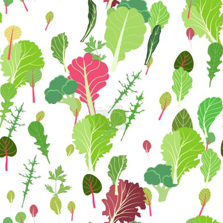 Ilustración de Mezcla de hojas de ensalada. Conjunto de dibujos animados de hojas verdes rojas crudas patrón sin costura. Arúgula, espinacas, hoja de lechuga, berro. Ingredientes vitamínicos orgánicos para cocinar alimentos saludables. Ilustración vectorial - Imagen libre de derechos