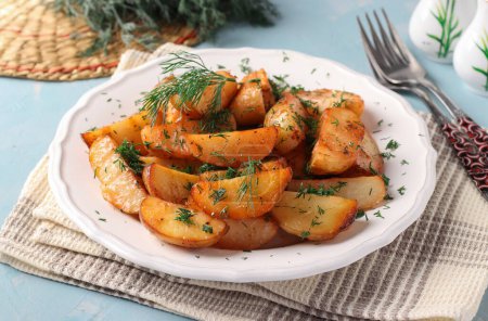 Baked potatoes with paprika sprinkled with dill in white plate on light blue background
