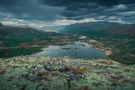 Téléchargez les photos : Mountain landscape with lake Nedre Leirungen from above the hike to Knutshoe summit in Jotunheimen National Park in Norway, mountains of Besseggen in background, dark cloudy sky, green moss in foreground - en image libre de droit