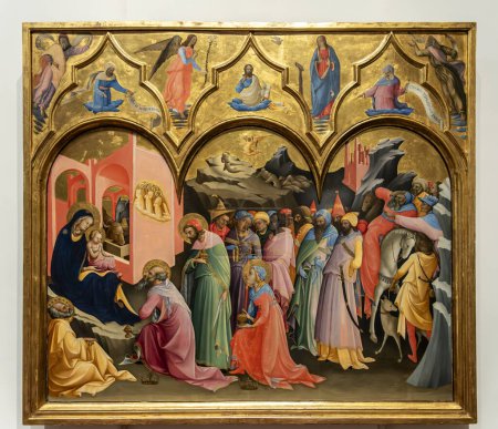 Foto de L 'adorazione dei magi (La Adoración de los Magos), del artista gótico tardío italiano Lorenzo Mónaco en la Galería de los Uffizi, en Florencia, Italia. - Imagen libre de derechos