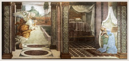 Foto de Anunciación, fresco separado, por Sandro Botticelli, Galería Uffizi, Florencia, Italia. - Imagen libre de derechos