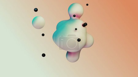 Photo for Liquid fluid dynamic abstract animated white metaball floating spheres blobs drops bubbles in transition deformation beige background with black little pearls 3d render for presentation business adds - Royalty Free Image