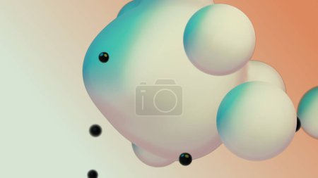 Téléchargez les photos : Liquid fluid dynamic abstract animated white metaball floating spheres blobs drops bubbles in transition deformation beige background with black little pearls 3d render for presentation business adds - en image libre de droit