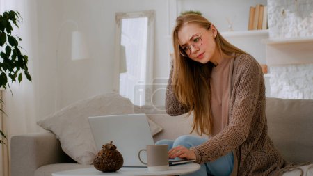 Photo for Caucasian woman confused girl with broken laptop worry angry about bad WI-FI Internet connection annoy lady in eyeglasses annoyed with online account bag anxious with computer battery app problem - Royalty Free Image