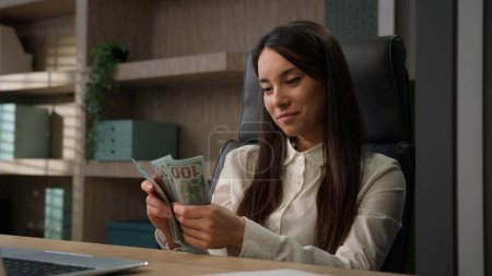 Photo for Rich wealthy business woman Caucasian businesswoman financial bookkeeper girl in office entrepreneur counting money cash count salary profit finance jackpot earn investment budget dollars banknotes - Royalty Free Image