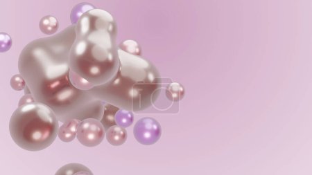 Téléchargez les photos : 3D render animation motion design presentation background wallpaper metasphere. Pink purple abstract meta sphere liquid shape moving deformation transition to meta balls bubbles drops pearls molecules - en image libre de droit