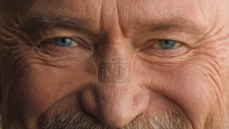 Foto de Cerca de ancianos caucásicos ojos masculinos arrugado anciano maduro jubilado jubilado pensionista mirando a la cámara sonrisa visión feliz buena vista mirada sonriente corrección láser miopía oftalmología bienestar - Imagen libre de derechos
