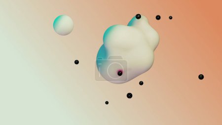 Photo for Liquid fluid dynamic abstract animated white metaball floating spheres blobs drops bubbles in transition deformation beige background with black little pearls 3d render for presentation business adds - Royalty Free Image