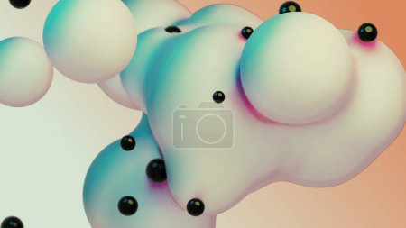 Téléchargez les photos : Liquid fluid dynamic abstract animated white metaball floating spheres blobs drops bubbles in transition deformation beige background with black little pearls 3d render for presentation business adds - en image libre de droit