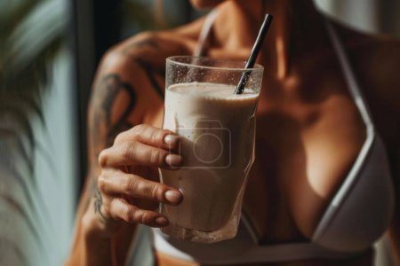 Photo for Close up young woman in sportswear holding cup smoothie milkshake cocktail yogurt lactose health food lifestyle protein nutritional energetic sportive supplements breakfast dieting fitness slimming - Royalty Free Image