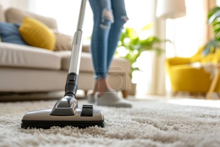 Photo for Close up one person cleaning the living room vacuum cleaner carpet housekeeping home flooring rug sweeping apartment hygiene chores inside leisure activity neat routine freshness dirty electric device - Royalty Free Image