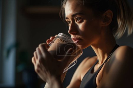 Photo for Young woman in sportswear holding cup drinking smoothie milkshake cocktail yogurt lactose healthy food activity lifestyle protein dieting fresh strength sport fitness training milk bodycare nutrition - Royalty Free Image