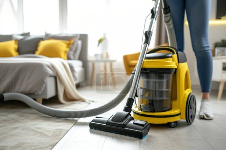 Foto de Close up one person cleaning the bedroom vacuum cleaner mopet housekeeping home flooring rug sweeping apartment hygiene chores indoors leisure activity neat routine freshness dirty electric device - Imagen libre de derechos