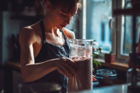 Foto de Mujer joven preparando cocina batido cóctel yogur lactosa alimentos saludables estilo de vida proteína nutricional energético deportivo suplementos desayuno antioxidante dieta fitness adelgazante batido de cocina - Imagen libre de derechos