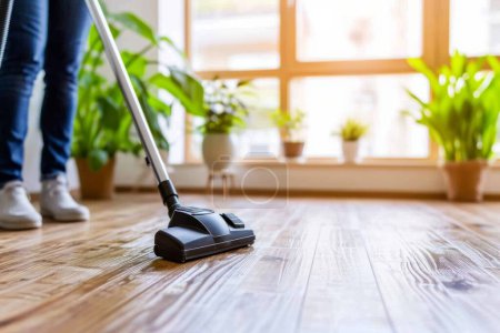 Foto de Close up one person cleaning the gardening room vacuum cleaner housekeeping home plants flooring sweeping herb apartment hygiene chores leisure activity neat routine freshness electric device floral - Imagen libre de derechos