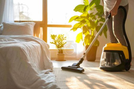 Photo for Close up one person cleaning bedroom vacuum cleaner carpet housekeeping home flooring rug sweeping apartment hygiene chores plants herb leisure activity neat routine freshness dirty electric device - Royalty Free Image