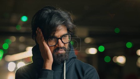Photo for Close up shocked stressed Arabian unhappy bearded man in glasses guy wave head no negative emotion disbelief stress anxious worried at parking lot depressed Indian male divorce job loss reaction. High - Royalty Free Image