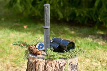 A black tactical knife, a vintage monocular, a handheld compass, and a pine branch with a cone rest on a wooden stump against a blurred background of lush green grass.