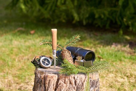 Un couteau rustique avec une poignée en bois, un monoculaire vintage, un briquet, une boussole à main, et une branche de pin avec un cône reposant sur une souche de bois sur un fond flou d'herbe verte luxuriante.