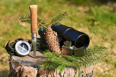 A rustic knife with a wooden handle, a vintage monocular, a lighter, a handheld compass, and a pine branch with a cone rest on a wooden stump against a blurred background of lush green grass.