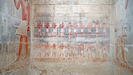 Relieves coloridos dentro de la tumba de Kagemni, Memphis Saqqara, Egipto