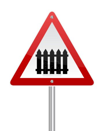 Railroad crossing ahead, rail boom gate ahead, red triangle warning sign with fence traffic sign