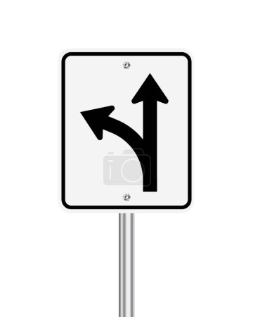 Téléchargez les illustrations : Droit à travers et tourner à gauche panneau de signalisation sur blanc - en licence libre de droit