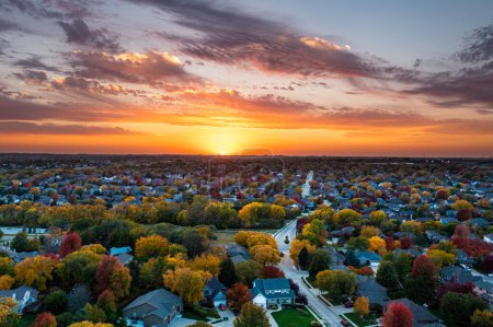 Photo for Fall sunset aerial view over a neighborhood. High quality photo Taken in October in the USA - Royalty Free Image