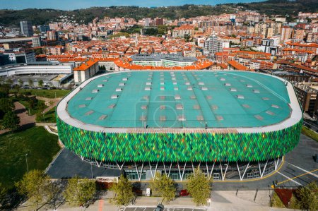 Photo for Bilbao, Spain - April 5, 2023: Aerial drone facade view of Bilbao Arena, an indoor arena that has the capacity to host 10,000 people for basketball games or concerts - Royalty Free Image