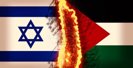 Téléchargez les photos : Drapeaux Israël vs Palestine divisés par le feu et la fumée - composite numérique. - en image libre de droit