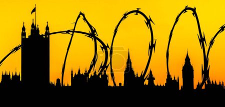 Téléchargez les photos : Silhouette des Chambres du Parlement, Westminster, Londres superposée avec du fil barbelé - métaphore pour pas ouvert, anti-immigration, dystopique - en image libre de droit