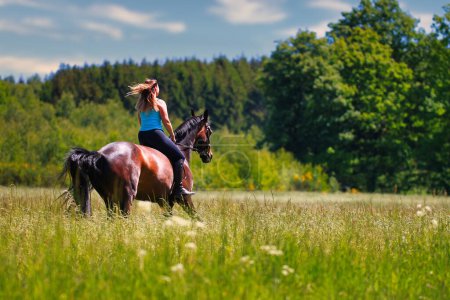 La photo montre une jeune femme à cheval dans une prairie d'été par une journée ensoleillée d'été. monté sans selle avec seulement une bride, dans la forêt de fond et le ciel bleu.